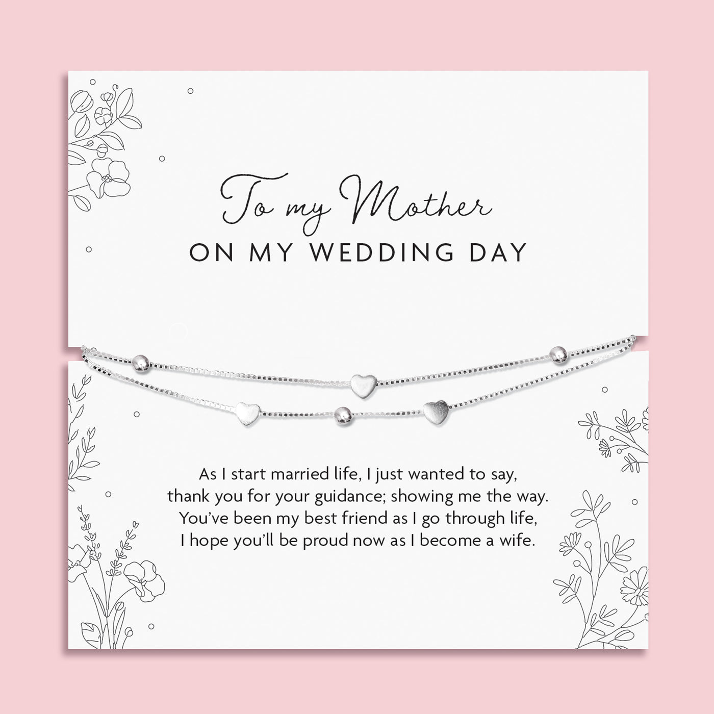 925 sterling silver Mother of the Bride bracelet displayed on a poem card reading “As I start married life…” shown in a white jewellery box with delicate heart and bead details.
