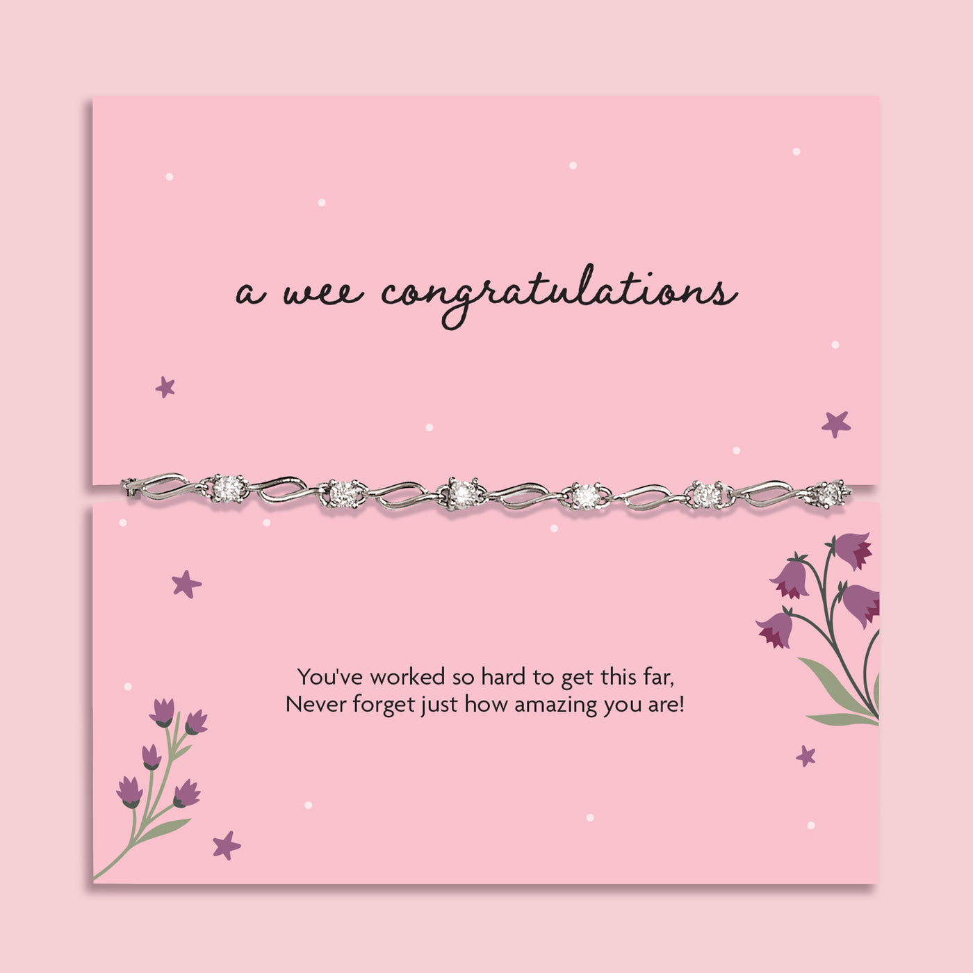 A pink poem card that reads 'a wee congratulations' with a cubic zirconia and silver-plated bracelet. A beautiful gift to celebrate someone's achievements