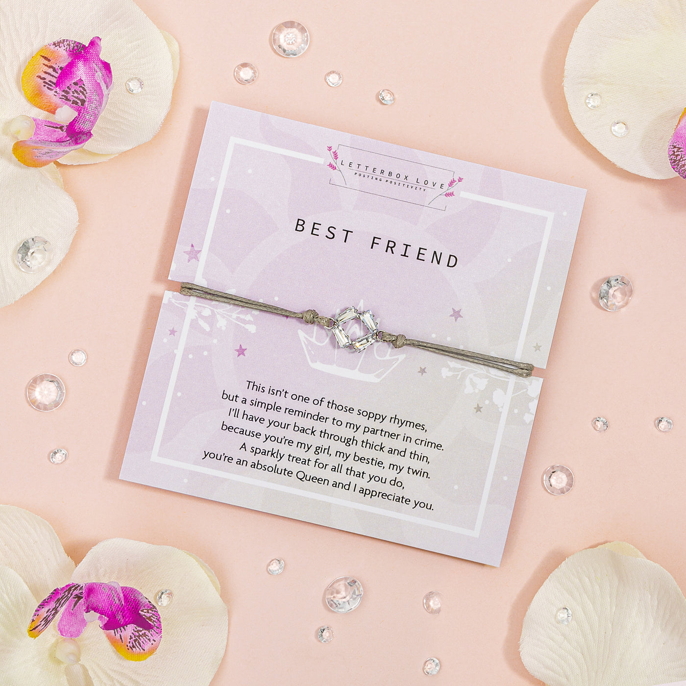 BEST FRIEND' bracelet with a shimmering charm, presented on a lilac card adorned with stars and a touching poem.